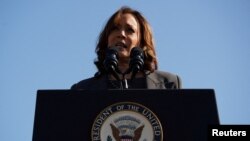 카멀라 해리스 미국 부통령이 3일 앨라배마주 셀마에서 '피의 일요일(Bloody Sunday)' 59주년을 맞아 연설하고 있다.