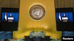 Presiden Mesir Abdel Fattah el-Sisi berpidato di hadapan Sidang Umum PBB ke-75 yang diadakan secara virtual karena pandemi virus corona di kantor pusat PBB, New York, Selasa, 22 September 2020. (Foto: Reuters)