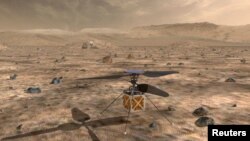 Hasil lukisan artis NASA/JPL di Pasadena, California, yang menggambarkan helikopter yang akan dikirim NASA ke Planet Mars, sebuah pesawat berbaling-baling swakemudi berukuran kecil yang akan melakukan perjalanan ke planet itu bersamaan dengan kendaraan penjelajah Mars 2020 milik NASA. Helikopter ini dijadwalkan meluncur bulan Juli 2020, untuk menunjulkkan kelayakan dan potensi kendaraan yang lebih berat dari udara di Planet Merah tersebut, 11 Mei 2018. (Courtesy: NASA/JPL-Caltech/Dibagikan via REUTERS)