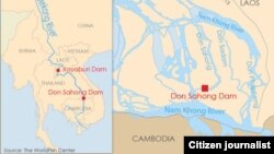 ផែនទី​ទី​តាំង​ទំបន់​ដុន​សាហុង (Don Sahong) និង​ទំនប់​​សាយ៉ាបូរី (Xayaburi)។