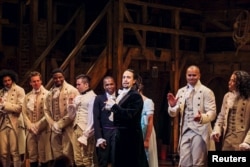 FILE - Lin-Manuel Miranda, actor and creator of the of the play "Hamilton," addresses the audience after the play's opening night on Broadway in New York, Aug. 6, 2015.