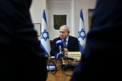 Israeli Prime Minister Benjamin Netanyahu chairs the weekly cabinet meeting at the Prime Minister's office in Jerusalem, Nov. 3, 2019.