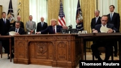 President Trump hosts Serbia's President Vucic and Kosovo's Prime Minister Hoti at the White House in Washington, Sep 4, 2020.