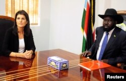 South Sudan President Salva Kiir meets U.S. Ambassador to the United Nations Nikki Haley in Juba, South Sudan, Oct. 25, 2017.