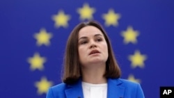 FILE - Exiled Belarusian opposition leader Sviatlana Tsikhanouskaya speaks at the European Parliament on Sept. 13, 2023, in Strasbourg, France.