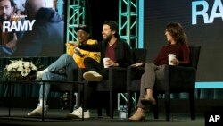 FILE - From left, Jerrod Carmichael, Ramy Youssef and Bridget Bedard participate in the "Ramy" panel during the Hulu presentation at the Television Critics Association Winter Press Tour at the Langham Huntington hotel, Feb. 11, 2019, in Pasadena, Calif.