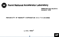 Periodicity of redshift distribution in a T-3 universe’ 一文的费米实验室预印本。其下有我的临时通讯地址。寄到该处，由美国务院信使直接送到北京，不经过普通邮政系统。