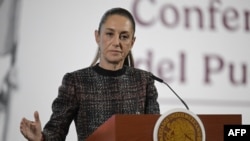 Mexico's President Claudia Sheinbaum speaks during her daily press conference at the National Palace in Mexico City on January 28, 2025.