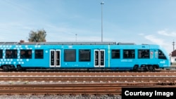 The new Coradia iLint hydrogen-powered train, recently launched as the first of its kind in the world, is seen on the tracks in northern Germany. (René Frampe/Alstom)