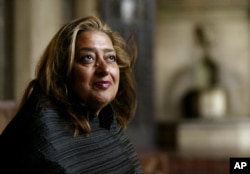 FILE- Iraqi-British architect Zaha Hadid poses in West Hollywood, California.
