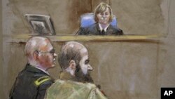 Sketsa situasi sidang kasus pembunuhan yang diduga dilakukan oleh Mayor Nidal Malik Hasan (kanan) di pengadilan Fort Hood, Texas (21/8).