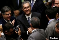 Congressman Rogerio Rosso is greeted by congressmen during a session to elect the new president of the chamber of deputies in National Congress in Brasilia, Brazil, July 13, 2016.