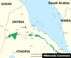 A map delineates past areas of conflict between Ethiopia and Eritrea.