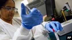 FILE - In a Feb. 9, 2018 file photo, lab technologist Sharda Modi tests a patient's swab for a flu infection at Upson Regional Medical Center in Thomaston, Georgia.