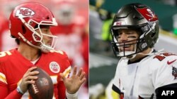 (COMBO) This combination of pictures created on January 24, 2021 shows Quarterback Patrick Mahomes #15 of the Kansas City Chiefs on December 27, 2020 in Kansas City, Missouri and quarterback Tom Brady #12 of the Tampa Bay Buccaneers on January 24, 2021 in
