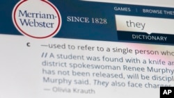 The word "they" is displayed on a computer screen on Friday, Dec. 6, 2019, in New York. The language mavens at Merriam-Webster have declared the personal pronoun their word of the year based on a 313 percent increase in look-ups on the company's search…