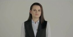 Belarusian opposition politician Sviatlana Tsikhanouskaya addresses the nation in Vilnius, Lithuania, in this still image taken from handout video released Aug. 21, 2020.