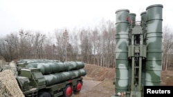 FILE - Russian S-400 surface-to-air missile systems are shown after their deployment at a military base outside the town of Gvardeysk, near Kaliningrad, Russia, March 11, 2019. 