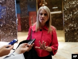 FILE - Kellyanne Conway speaks to reporters.