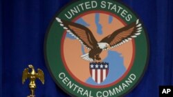 FILE - The seal of the U.S. Central Command, or CENTCOM, is displayed on Feb. 6, 2017, at MacDill Air Force Base, Florida. CENTCOM said on Oct. 30, 2024, that it conducted strikes on Islamic State camps in Syria, killing nearly 35 operatives.