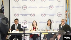 Speakers – Mrs. Olivia Enos, Miss Monivithya Kem, and Mr. Alan Lowenthal - at the public forum on “Cambodia Politics and U.S's Roles” in Annandale, VA, on December 03, 2017. (Lim Guechheang/VOA Khmer)
