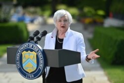FILE - US Treasury Secretary Janet Yellen speaks during a news conference, after attending the G-7 finance ministers meeting, at Winfield House in London, Britain, June 5, 2021. (Justin Tallis/Pool via Reuters)