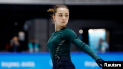 Kamila Valieva of the Russian Olympic Committee in action during training on February 14, 2022. REUTERS/Evgenia Novozhenina