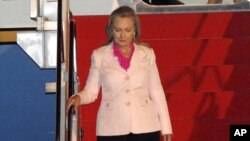 U.S. Secretary of State Hillary Rodham Clinton arrives at Halim Perdanakusuma airport in Jakarta, Indonesia, Sept. 3, 2012.