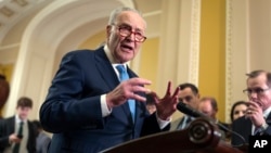 Lider manjine u Senatu Chuck Schumer razgovara s novinarima na Kapitolu u Washingtonu, 19. februara 2025.