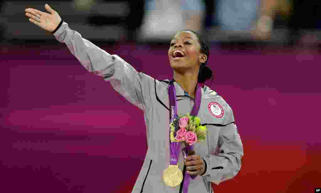 U.S. gymnast Gabrielle Douglas after receiving her gold medal during the artistic gymnastics women's individual all-around competition.