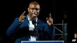 FILE - Jamaal Bowman speaks to attendees during his primary-night party, June 23, 2020.