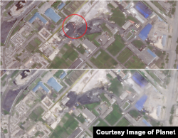 지난 16일(위)과 18일 원산항 야적장 주변을 촬영한 위성사진. 16일 사진에는 석탄 더미 주변에 트럭이 몰려 있는 것을 볼 수 있다. '플래닛' 제공 사진.