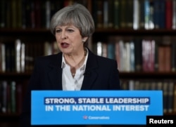 Britain's Prime Minister Theresa May delivers a campaign speech in central London, Britain, June 5, 2017.