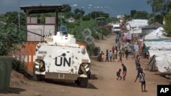 FILE - A U.N. armored personnel carrier is seen in a refugee camp in Juba, South Sudan, July 25, 2016. Besides Syria, the U.N. sees South Sudan, Nigeria and Yemen as among the greatest drivers of humanitarian needs.