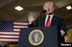 FILE - U.S. President Donald Trump speaks at the Local 18 Richfield Training Site in Richfield, Ohio, March 29, 2018.