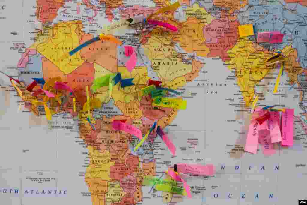 A map from the Migrant Community Center showing the country of origin of those who attend its courses. The most migrant workers come from Ethiopia, while thousands also arrive from Bangladesh, the Philippines and Sri Lanka every year. (John Owens/VOA)