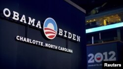 A sign for the campaign of US President Barack Obama is seen on August 31, 2012, at the site that will host the Democratic National Convention in Charlotte, North Carolina.
