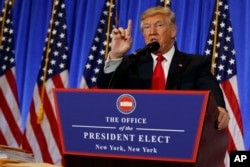 President-elect Donald Trump speaks during a news conference in the lobby of Trump Tower in New York, Jan. 11, 2017.