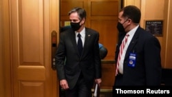 U.S. Secretary of State Antony Blinken departs after briefing Senators in Washington, March 11, 2021.