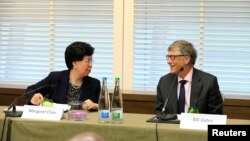 Bill Gates, co-founder of the Bill & Melinda Gates Foundation, and World Health Organization(WHO) Director-General Margaret Chan speak during a news conference on Neglected Tropical Diseases (NTDs) in Geneva, Switzerland, April 18, 2017. 