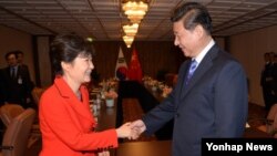 핵안보정상회의를 위해 네덜란드 헤이그를 방문한 박근혜 한국 대통령(왼쪽)과 시진핑 중국 국가주석이 23일 정상회담을 갖고 악수하고 있다.