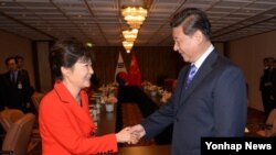 지난달 23일 핵안보정상회의를 위해 네덜란드 헤이그를 방문한 박근혜 한국 대통령(왼쪽)과 시진핑 중국 국가주석이 한-중 양국 정상회담을 가졌다. (자료사진)