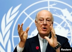 FILE - U.N. mediator for Syria Staffan de Mistura gestures during a news conference at the United Nations in Geneva, Switzerland, Jan. 25, 2016.