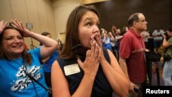 State Rep. Stephanie Clayton reacts to the news that voters rejected a state constitutional amendment that would have declared there is no right to abortion. (Evert Nelson/USA Today Network via REUTERS)