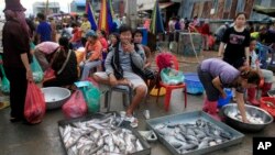 ក្នុង​រូបថត​ឯកសារ​នេះ ជនជាតិ​វៀតណាម (មិន​មែន​មាន​ន័យ​ថា​​ខុស​ច្បាប់​ទេ) ​​​​លក់​ត្រី​នៅ​ផ្សារ​ព្រែក​ភ្នៅ​នៅ​ជាយ​ក្រុង​ភ្នំពេញ កាល​ពី​ឆ្នាំ​២០១២។