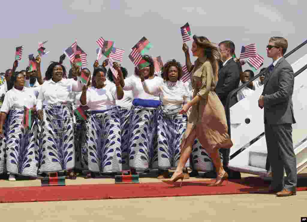 First lady Melania Trump arrives at Lilongwe International Airport, in Lumbadzi, Malawi, Oct. 4, 2018. 