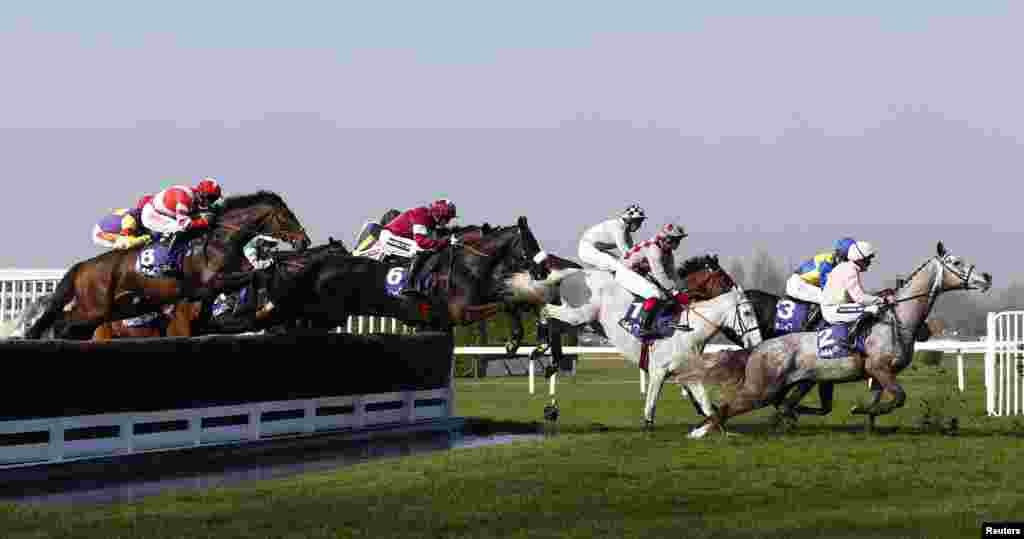 Para joki memacu kudanya melompati rintangan dalam lomba balap kuda Cheltenham di kota Gloucestershire, Inggris barat.&nbsp;