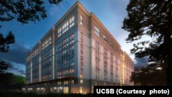 An exterior drawing of the proposed Munger Hall at the University of California - Santa Barbara.