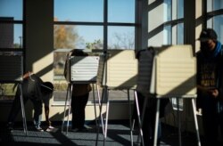 A voter picks up an informational flier while filling out a ballot during absentee early voting at Wayne County Community College in Detroit, October 31, 2020.