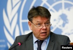 Petteri Taalas, Secretary general of the World Meteorological Organization attends a news conference on the annual Greenhouse Gas Bulletin on concentrations of CO2 at the United Nations in Geneva, Oct. 24, 2016.